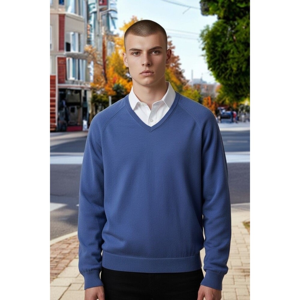 J. Crew Men's XL Cotton Cashmere V-Neck Sweater-Muted Blue-Heritage-Old Money